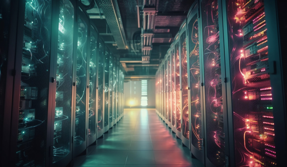Futuristic computer lab equipment in a row generated by artificial intelligence