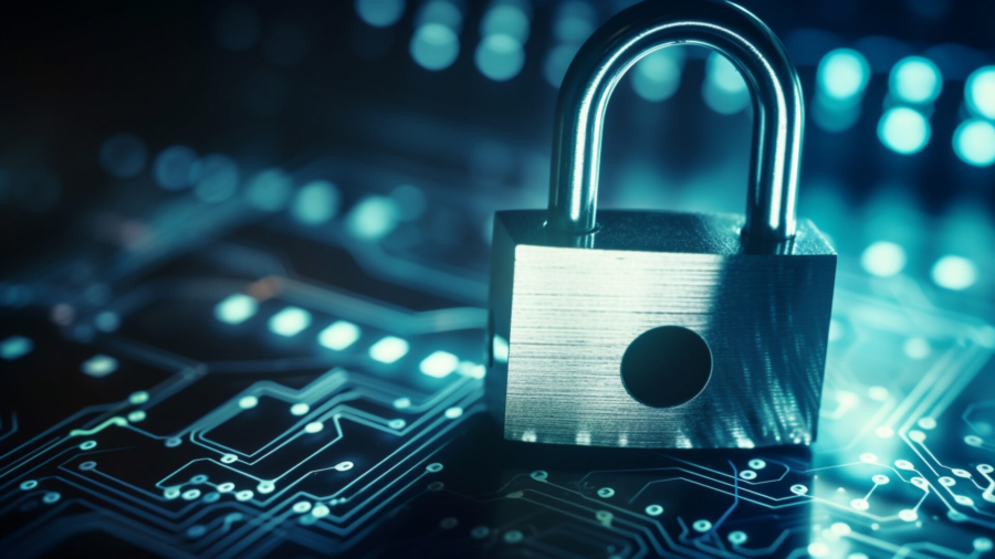 Abstract computer chip metal, binary code, security generated by artificial intelligence